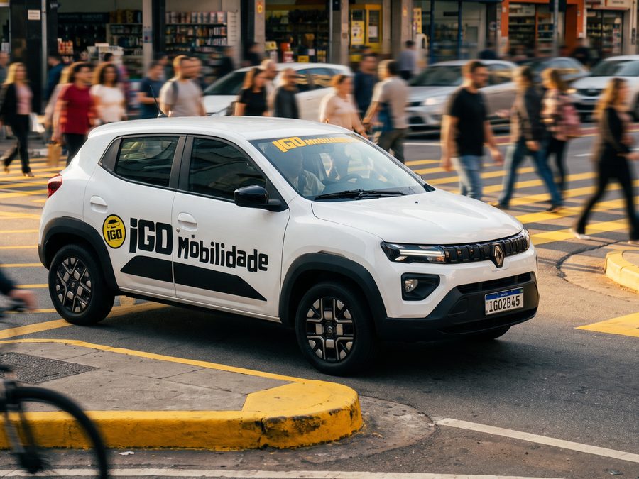 Carro da frota iGO Mobilidade cruzando uma avenida movimentada de Bauru