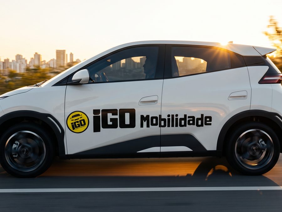 Carro da iGO Mobilidade em movimento ao pôr do sol